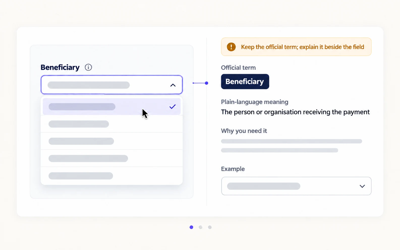 Two glowing panels side by side, one showing an official form label and one showing its plain-language explanation